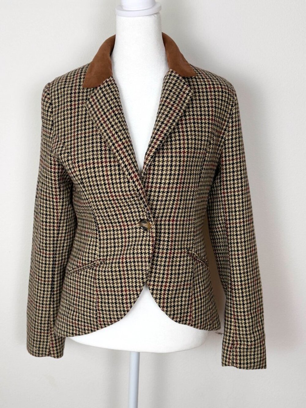 H&M Womens Wool Blend Houndstooth Blazer Equestrian Elbow Patch Jacket M/8 Brown